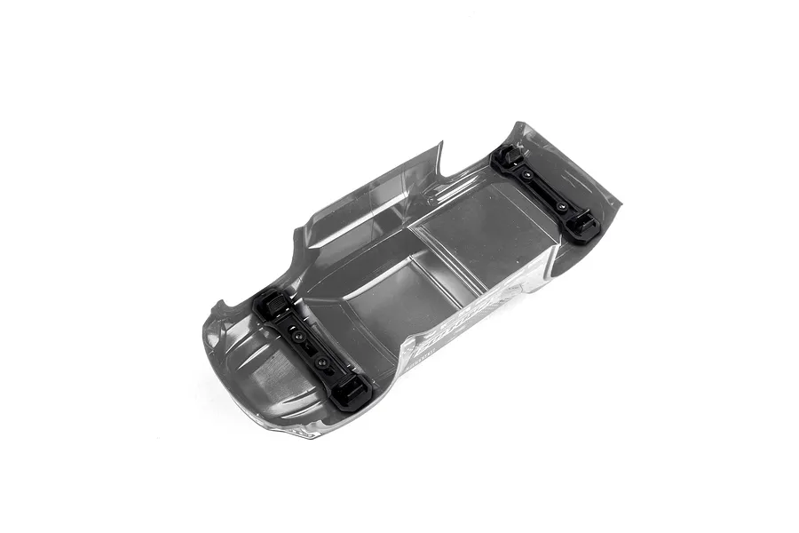 Top-down view of the underside of a black painted RC truck body shell with attached mounting hardware, isolated on a white background.