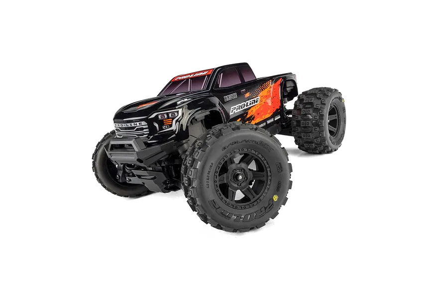 Pro-Line Brute painted black body shell mounted on an RC truck chassis against a white background.