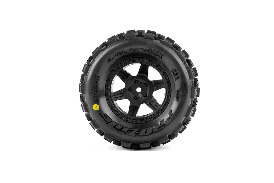 Pro-Line Badlands MX tyre mounted on a black Desperado wheel viewed from the side against a white background.