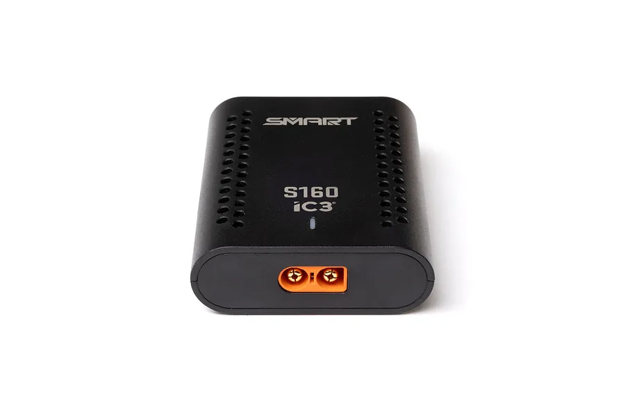 Spektrum S160 Smart Charger showing the front orange IC3 port and top cooling vents against a white background.