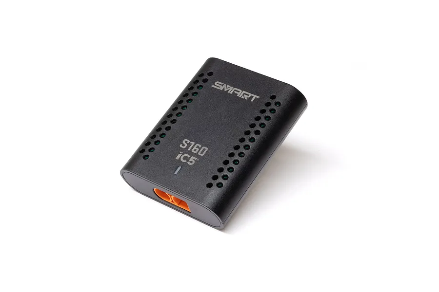Spektrum S160 IC5 Smart Charger shown from a top-down angle on a white background, featuring ventilation holes and printed product text.