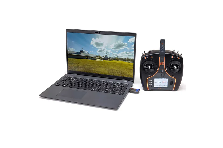 Spektrum wireless simulator USB dongle plugged into a laptop next to an RC transmitter against a white background.