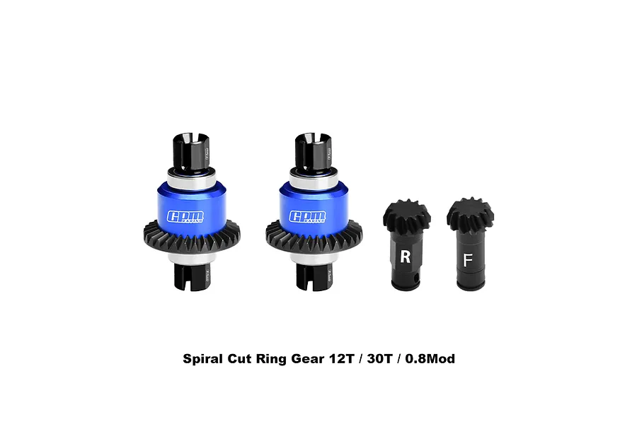 GPM Racing front and rear complete 12T/30T differential with pinions set in blue and black against a white background.