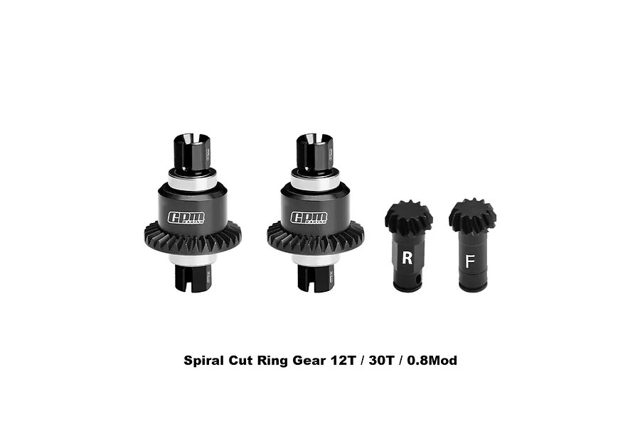 GPM Racing black front and rear complete 12T/30T differential and pinion set on white background.