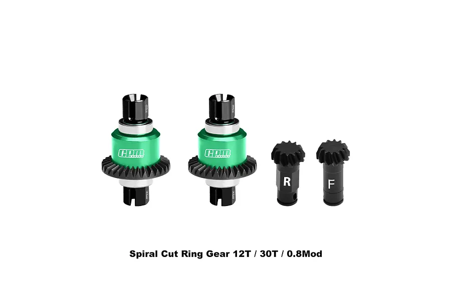 GPM front and rear complete differential and pinion set in green and black on a white background with text below.