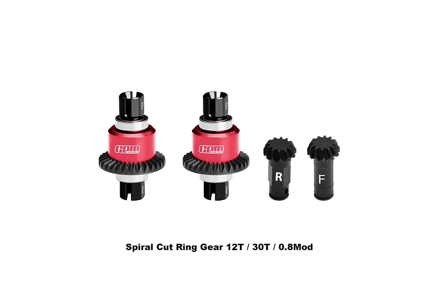 GPM Racing red and black complete front and rear differentials with pinion gears, featuring spiral cut ring gears.