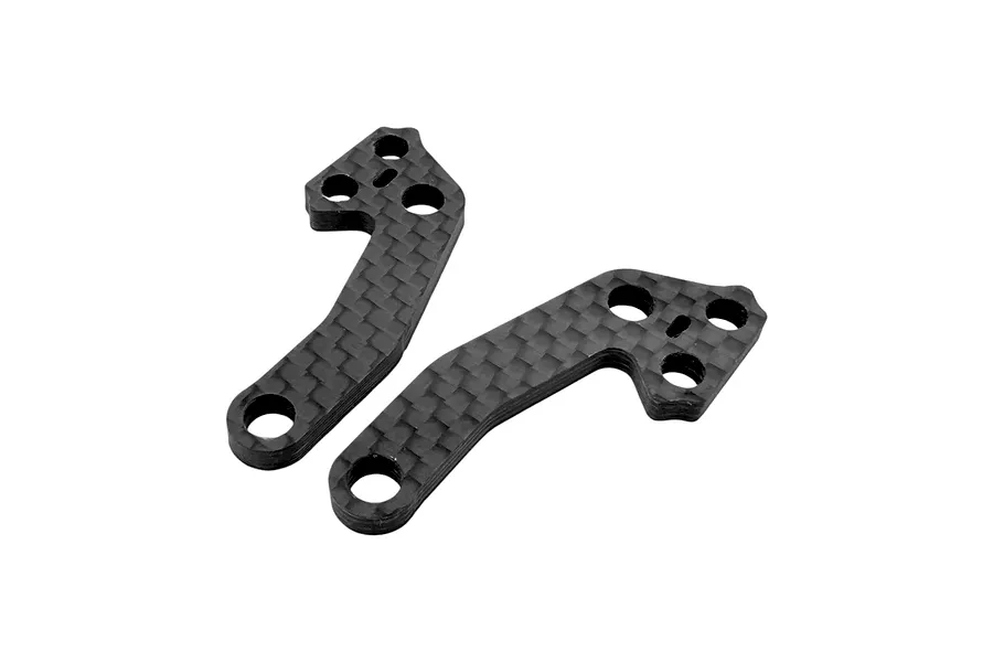 Two black carbon fibre RC Maker front steering knuckle upgrade plates shown against a plain white background.