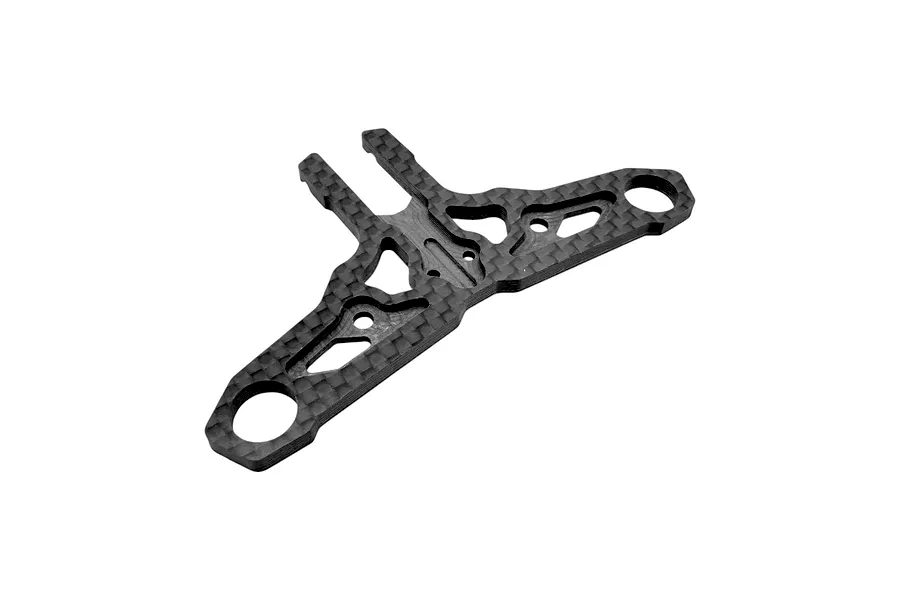 Studio product photo of an RC Maker carbon fibre front bumper mount on a plain white background.
