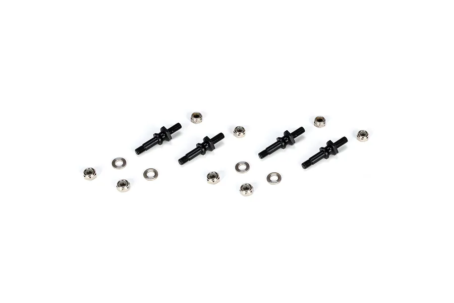 Losi shock mount set including threaded metal posts, nuts, and washers on a clean white background.