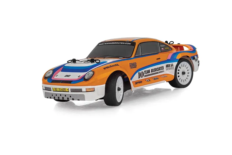 Studio shot of the Team Associated RC24 Zoom RC Rally Car in orange, white, and blue livery against a clean white background.