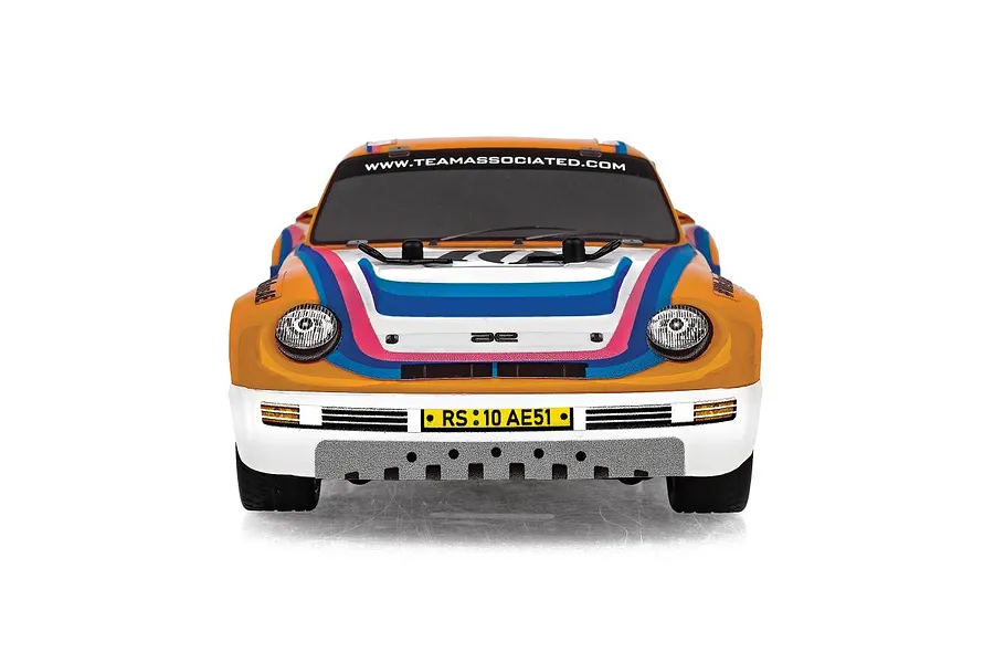 Front studio view of the Team Associated RC24 Zoom RC rally car body, showcasing its orange, white, and blue livery and front bumper detail.