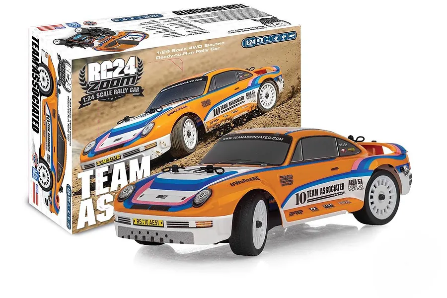 Team Associated RC24 Zoom RC Rally Car in 1/24 scale, displayed in front of its matching product packaging box.