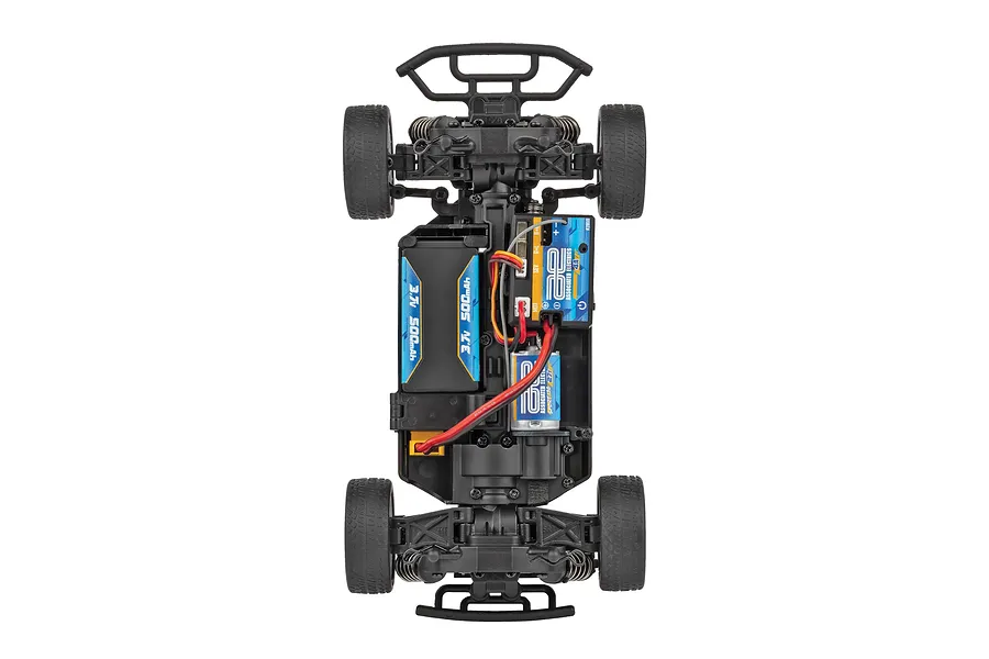 Top down studio view of the internal chassis layout of the Team Associated RC24 Zoom RC rally car, showing electronics, battery, and suspension components.