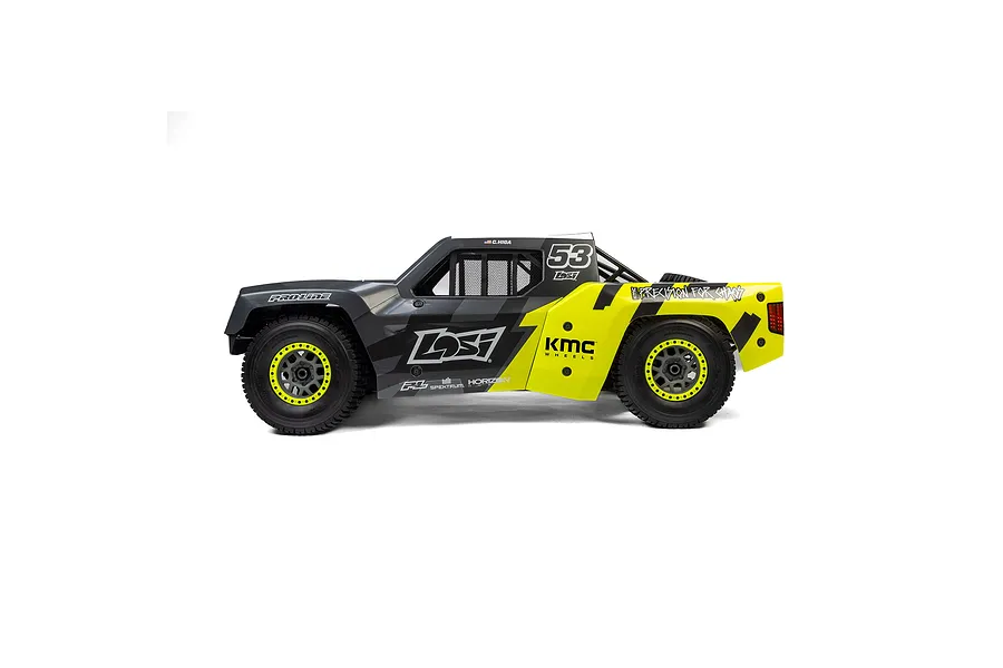 Side profile view of the Losi 35.2cc 5IVE-TG 3.0 RC short course truck featuring black, grey, and yellow race livery.