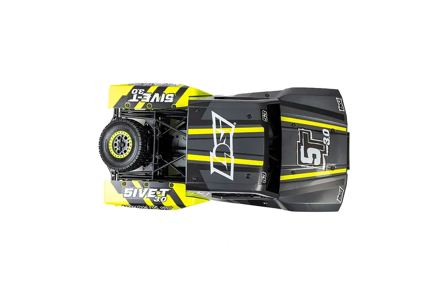 Top-down studio shot of the Losi 5IVE-T 3.0 RC short course truck featuring a black and yellow livery against a white background.