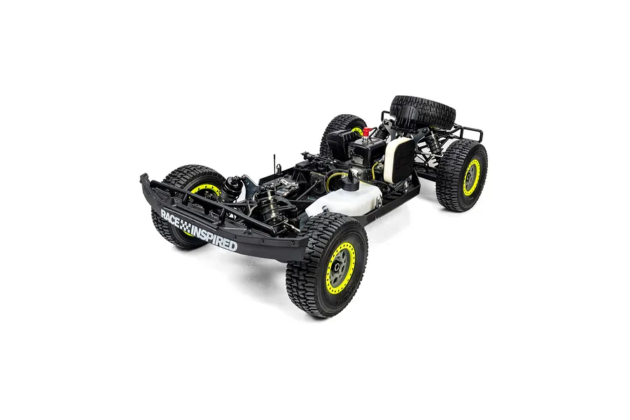 High-angle studio shot of the Losi 35.2cc 5IVE-TG 3.0 RC short course truck chassis without a body shell against a white background.