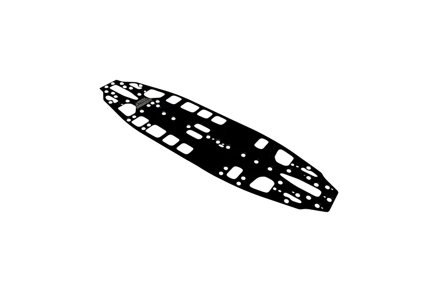 RC Maker 1.2mm spring steel chassis plate shown from an angled top-down studio perspective against a plain white background.