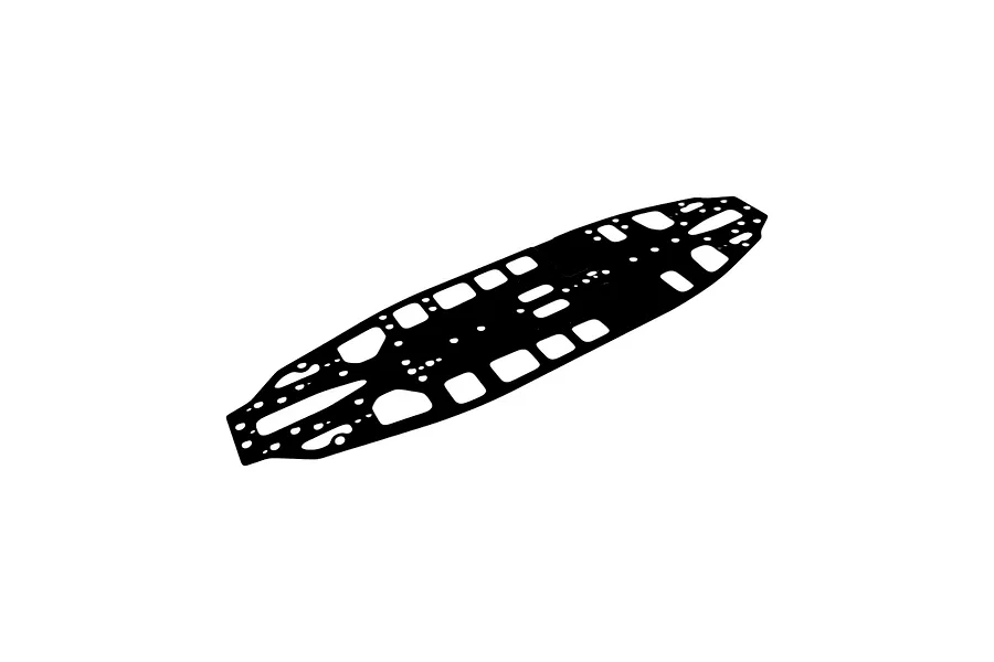 RC Maker spring steel RC car chassis plate featuring numerous cutouts and screw holes against a white background.