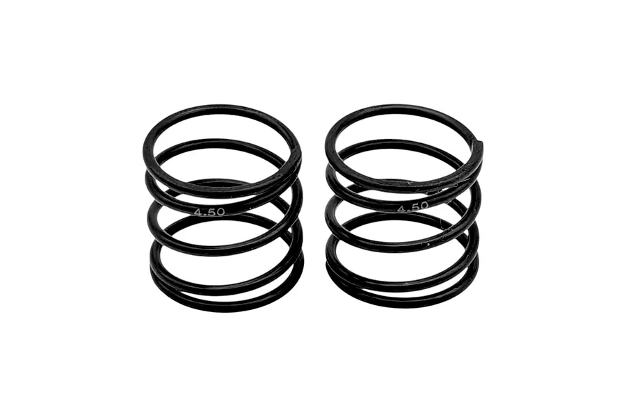 Two black RC shock springs standing upright side by side against a clean white background, showing printed 4.50 coil markings.