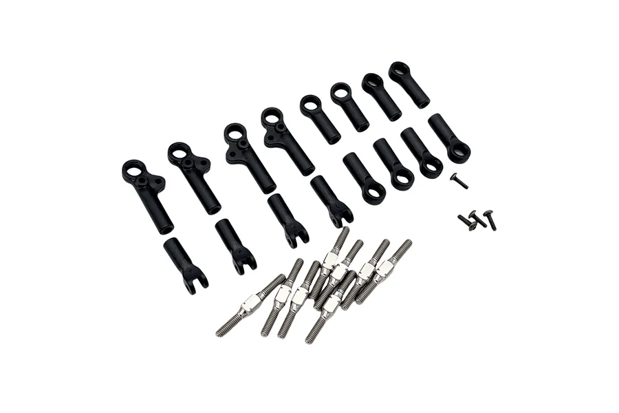 RC Maker Titanium 4.8mm Upper Turnbuckle Set components including silver turnbuckles, black ball cups, and small screws on a white background.