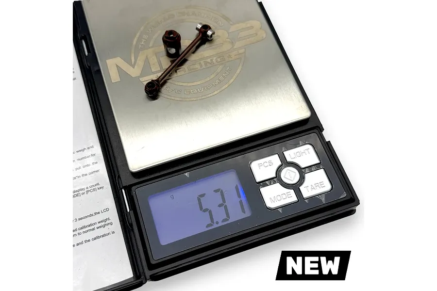 RC Maker driveshaft components being weighed on a digital scale showing 5.31 grams.