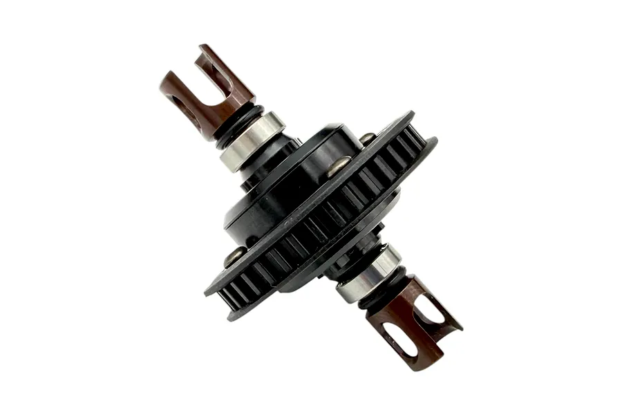 RC Maker Complete Gear Differential Set featuring a black differential housing, pulley gear, metal bearings, and brown outdrives against a plain white background.
