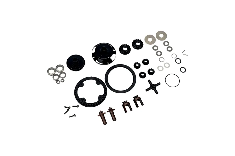 RC Maker Complete Gear Differential Set components laid out on a white background, showing gears, housing, bearings, and hardware.