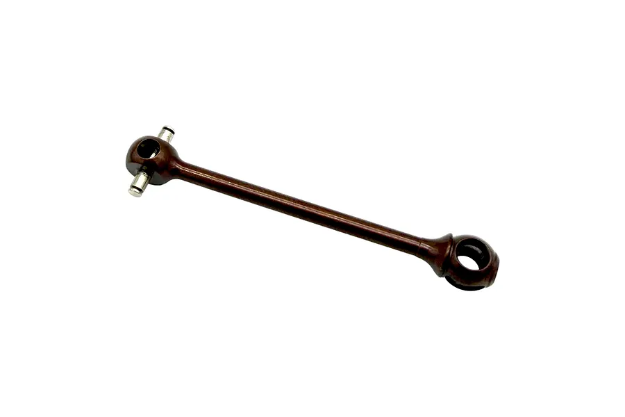 RC Maker front driveshaft on a plain white background, showing a brown metal shaft with joint pins.