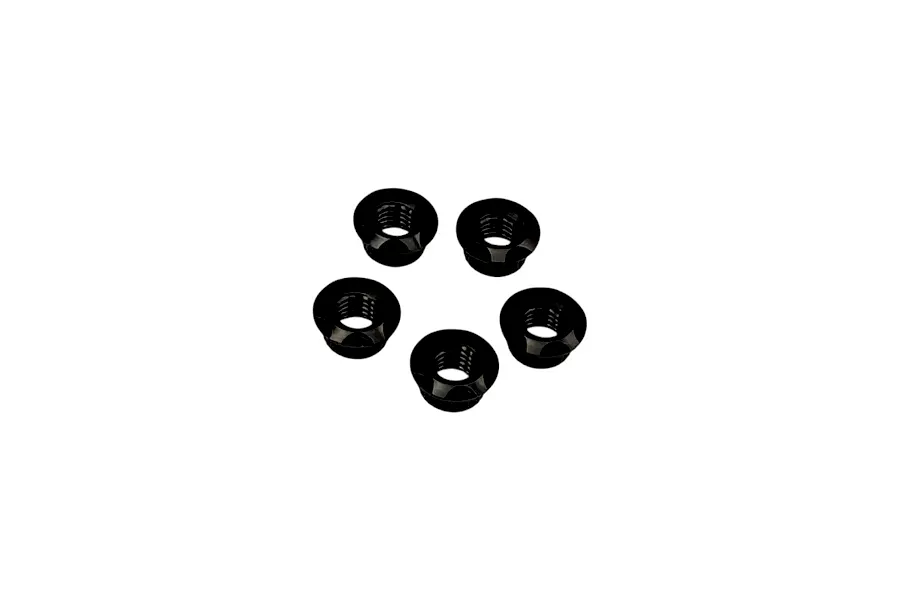Five black threaded inserts arranged in a circle against a plain white background.