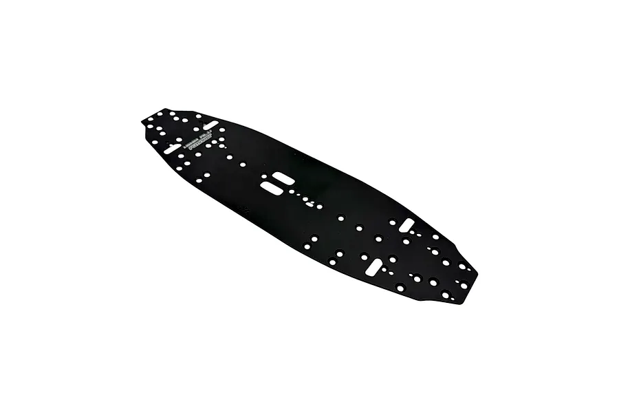 Black aluminium main RC car chassis plate featuring various milled holes and slots against a plain white background.