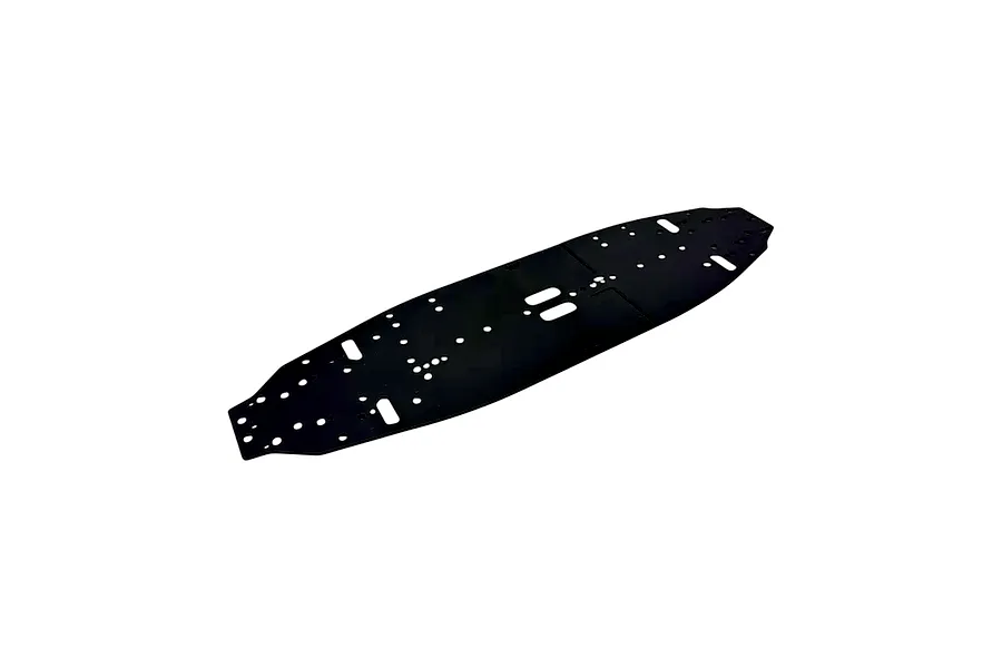 RC Maker black aluminium main RC car chassis plate featuring pre-drilled mounting holes and cutouts on a white background.
