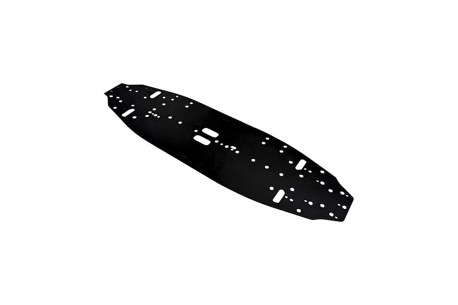 RC Maker black aluminium main chassis plate viewed from an angle on a plain white background.