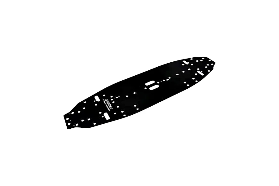RC Maker Black Aluminium Main Chassis plate with numerous drilled holes and slots against a plain white background.