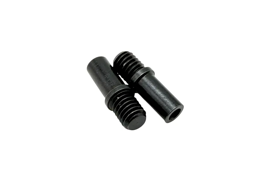Two black metal RC Maker front bumper support studs on a plain white studio background.