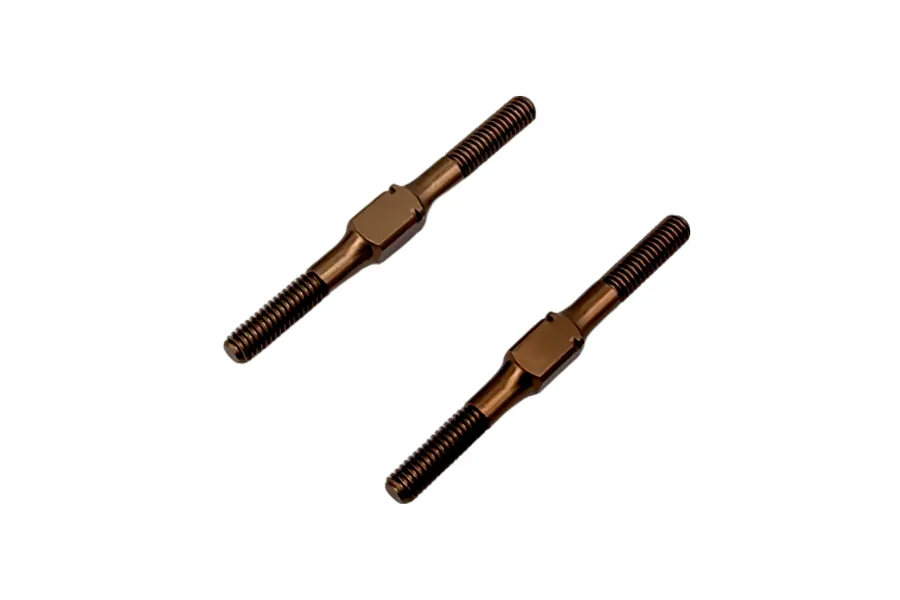 Two brown metal turnbuckles with threaded ends and central adjustment sections against a white background.