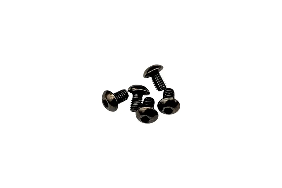 Five black metal button head hex socket screws arranged together on a plain white background.
