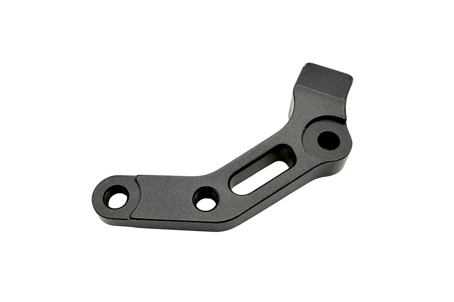 A studio product shot of a black anodised metal RC Maker bulkhead shock connector part against a plain white background.