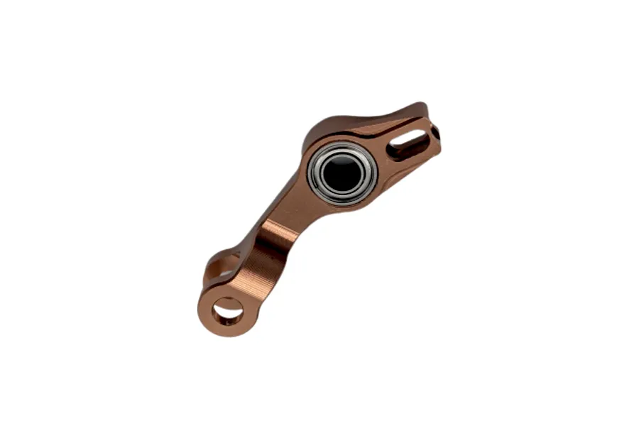 RC Maker short rocker arm in brown anodised aluminum with a pre-installed ball bearing, isolated on a white background.