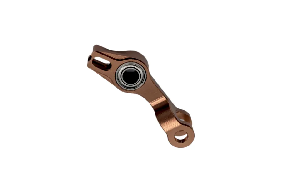 RC Maker Side 2 Short Rocker Arm in bronze anodized aluminum with a pre-installed ball bearing, isolated on a white background.