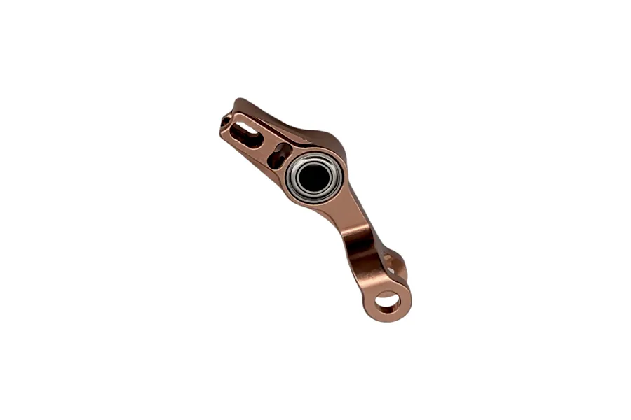 RC Maker bronze anodized alloy long rocker arm with installed bearing on a plain white background.