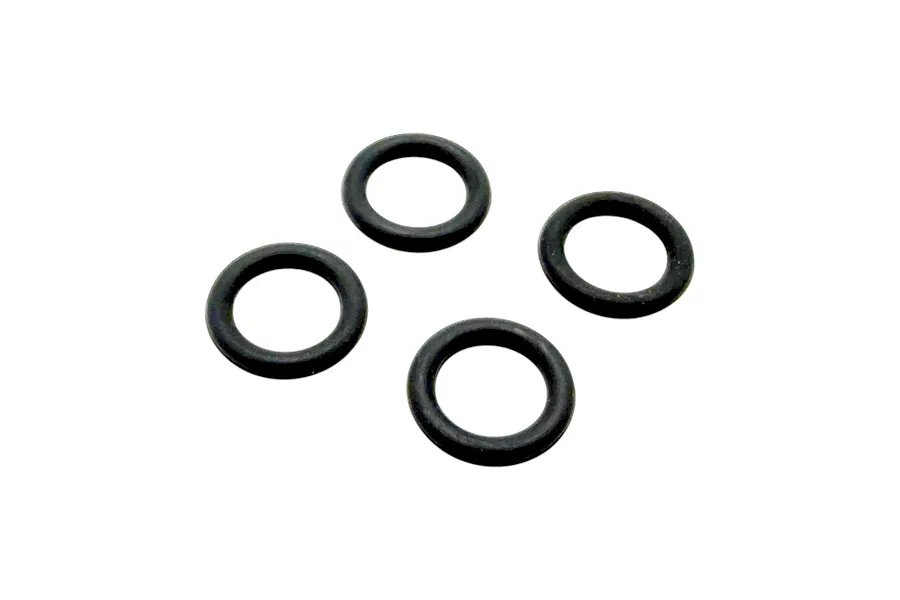 Four small black rubber O-rings arranged on a plain white background.