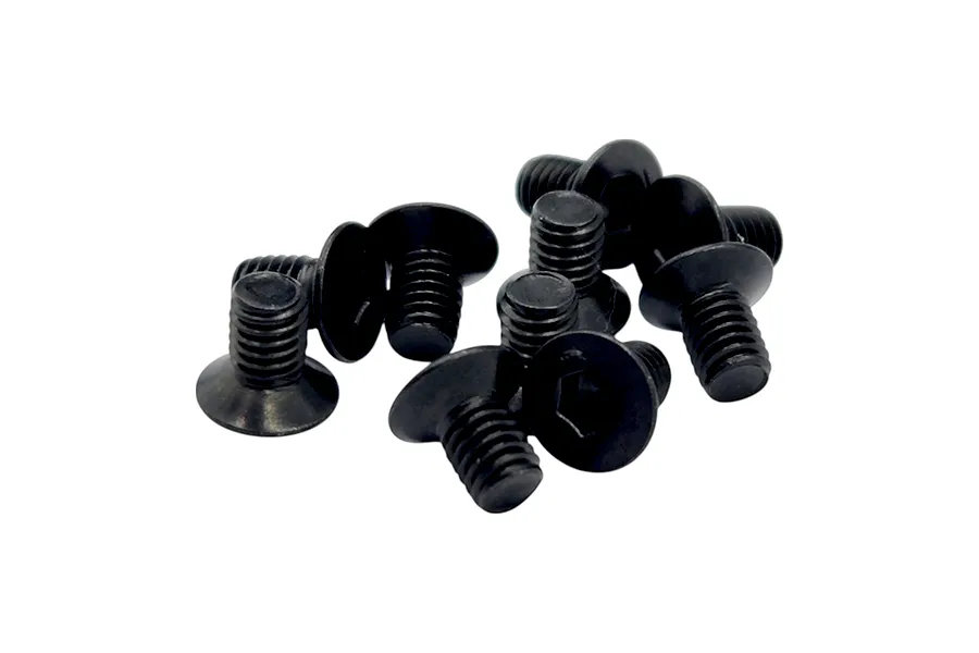 A cluster of black metal countersunk screws with hex socket heads against a plain white background.