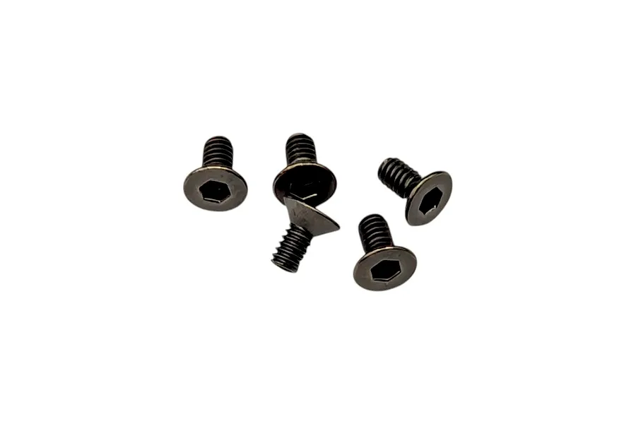 Five dark metal countersunk hex socket screws arranged on a plain white background.