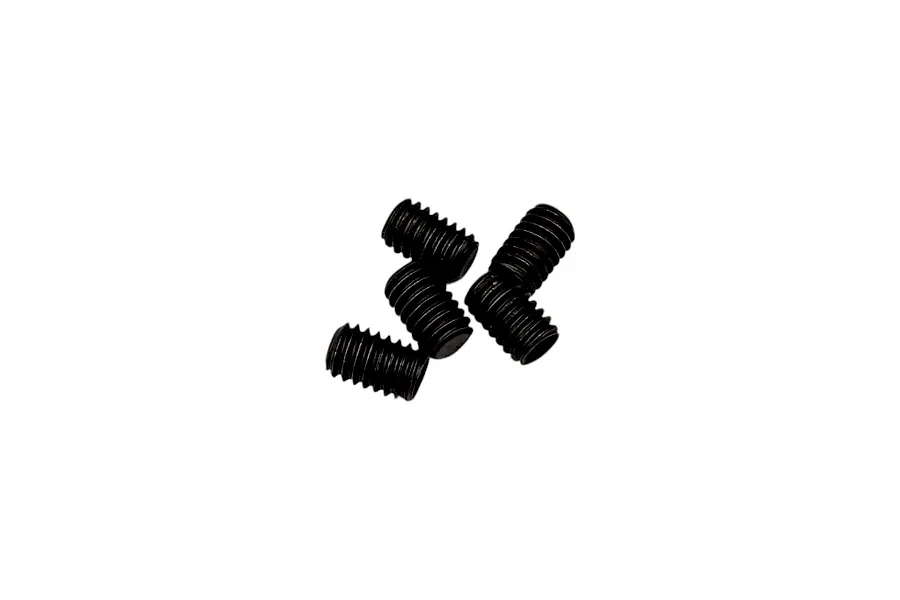 Five black threaded metal grub screws arranged on a plain white studio background.