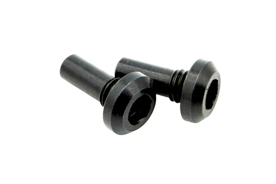 Two black metal shoulder socket screws with integrated washers designed for RC model applications.