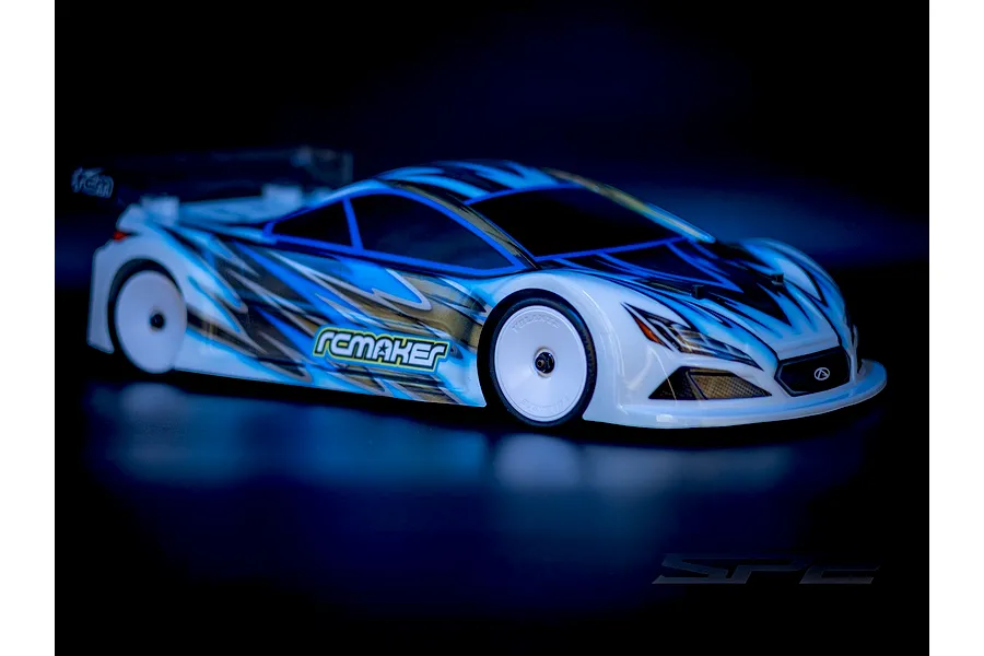 Studio photo of the RC Maker SP2 EP 1/10 electric touring car featuring a blue and white painted body shell.