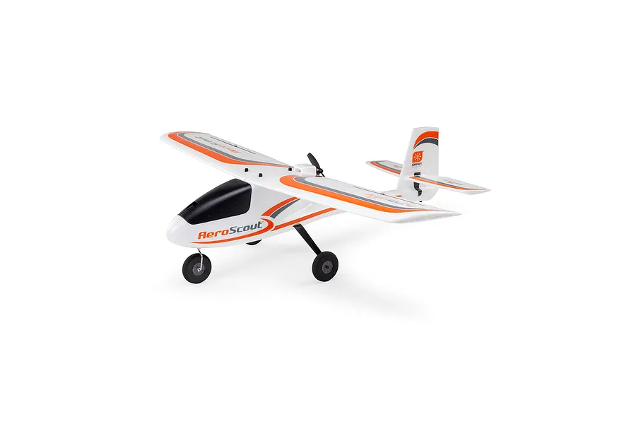 HobbyZone AeroScout S 2 1.1m RC airplane in white, orange, and grey livery viewed from the front right side.