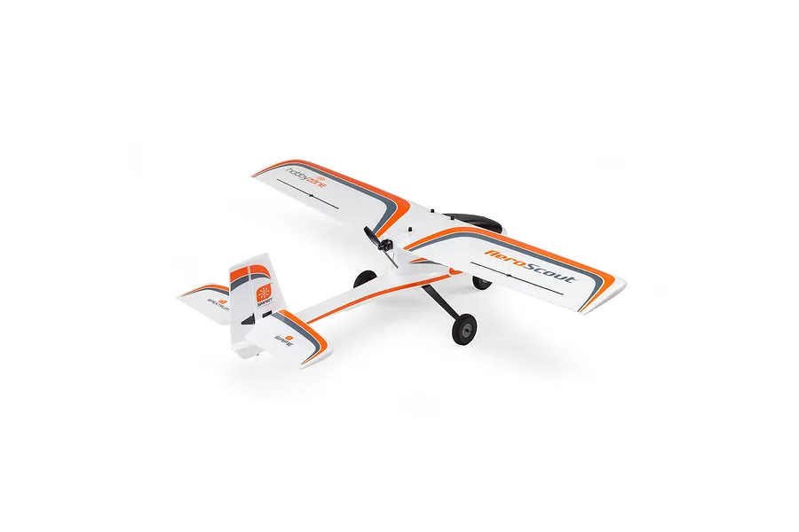 Studio shot of the HobbyZone AeroScout S 2 RC trainer plane viewed from rear, showing white, orange, and grey trim.