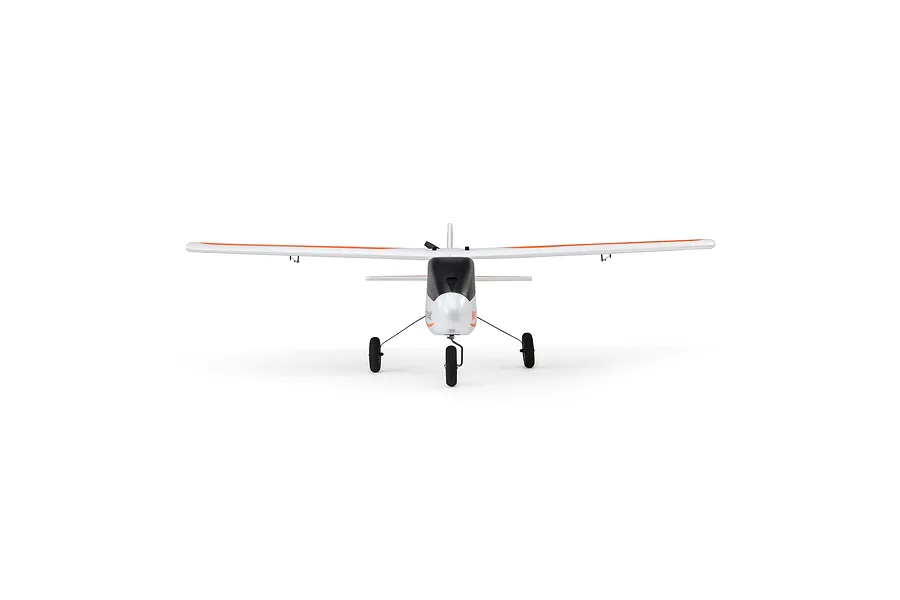 Front view of the HobbyZone AeroScout S 2 RC trainer plane, showing its white foam fuselage, tricycle landing gear, and high-wing design.