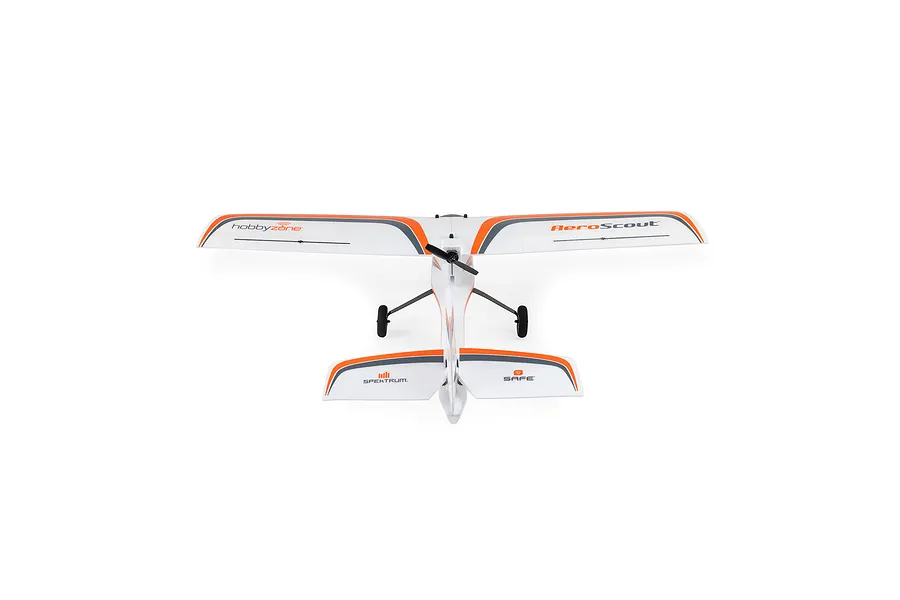 Top down rear view of the HobbyZone AeroScout S 2 RC trainer plane showing its white, orange, and grey color scheme and tricycle landing gear.